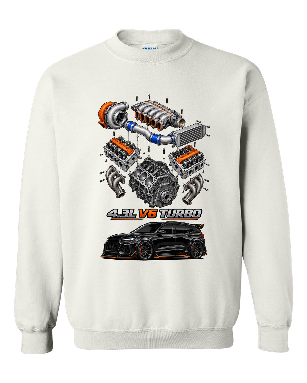 Exploded cutaway drawing of the 4.3L turbo V6 engine in a 1992-93 GMC Typhoon, printed on a shirt back white crewneck front view with the design