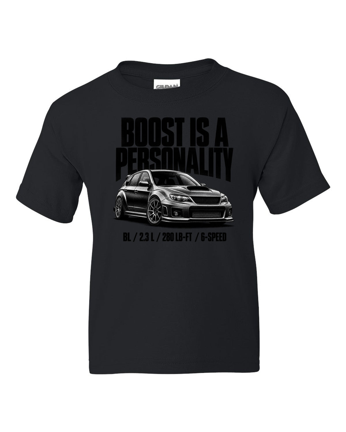 Halftone carbon print of a Mazdaspeed3 BL with boost lettering black kids tee front view with the design