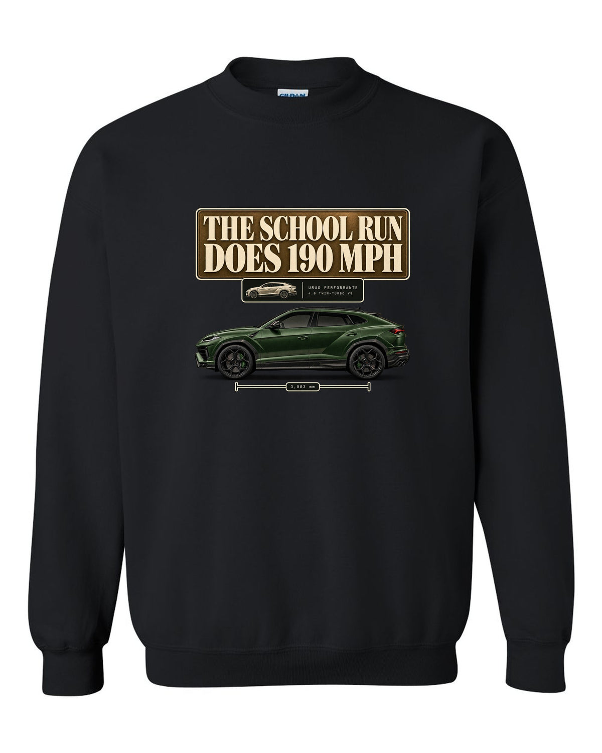 Lamborghini Urus Performante editorial headline print reading the school run does 190 mph black crewneck front view with the design