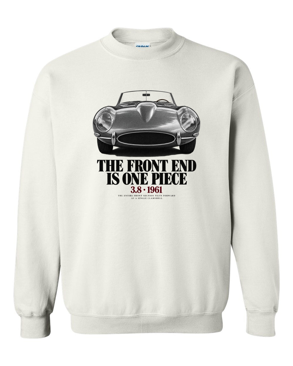 Jaguar E-Type Series 1 front end macro print white crewneck front view with the design