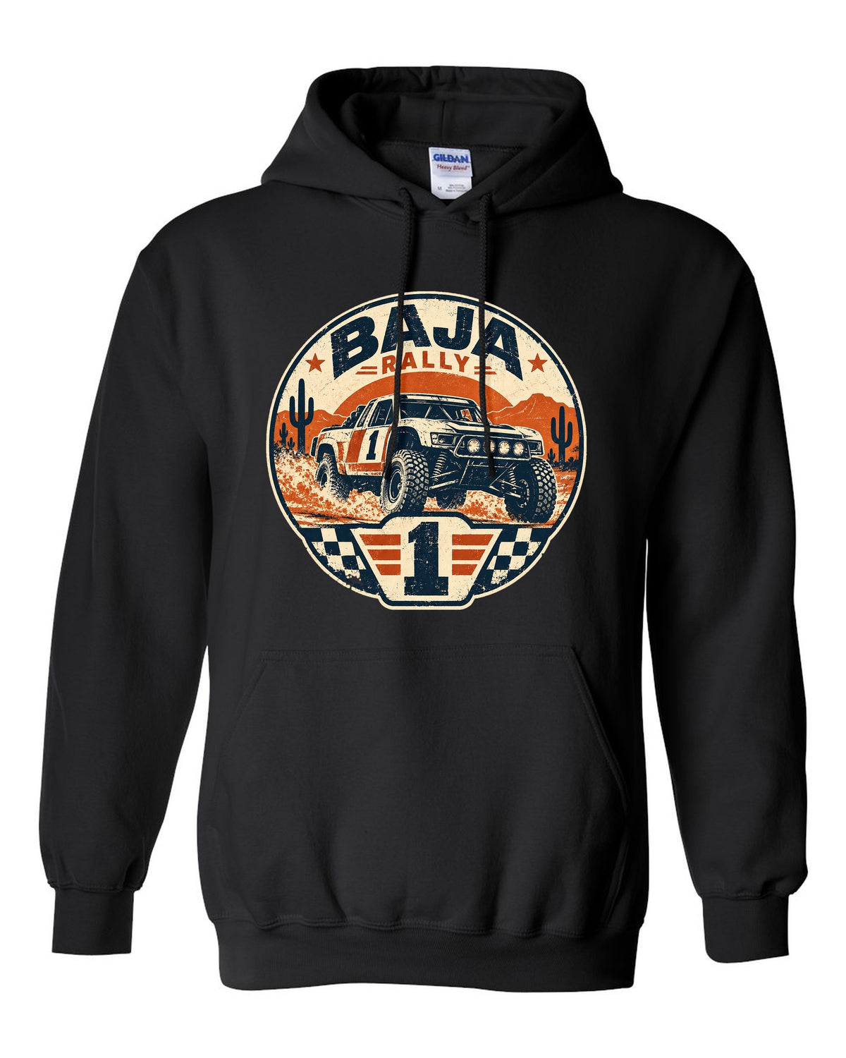 Stencil street-art of a 2022 Ford Bronco off-road race truck with 15 PSI AIRED DOWN lettering black pull over hoodie front view with the design