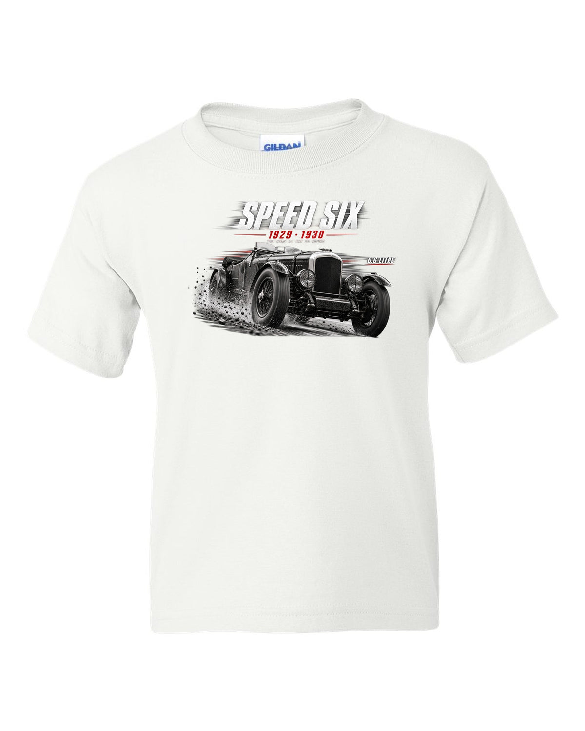 Bentley Speed Six Le Mans race poster 1929 and 1930 white kids tee front view with the design