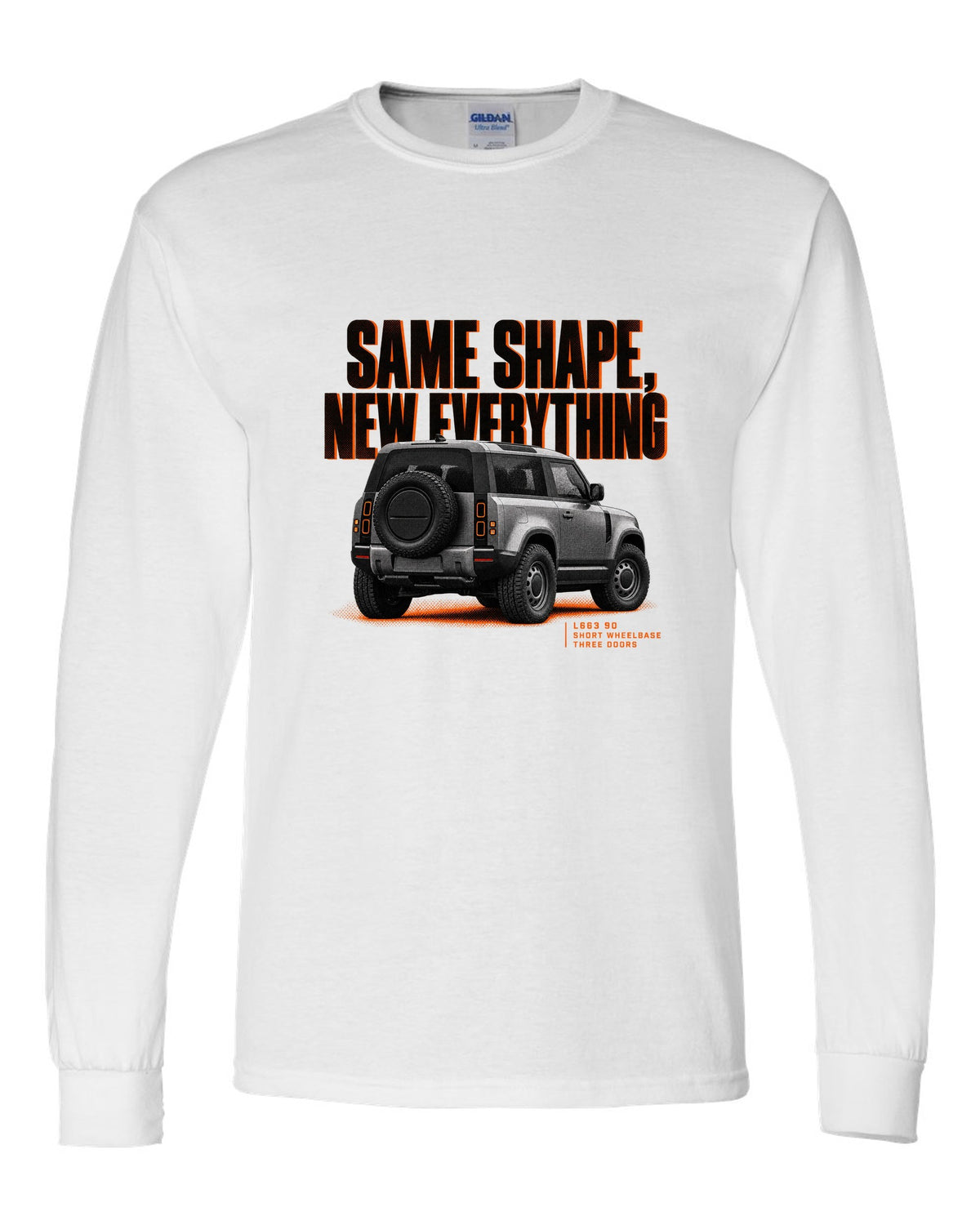 Land Rover Defender L663 90 halftone print with same shape new everything text white long sleeve front view with the design