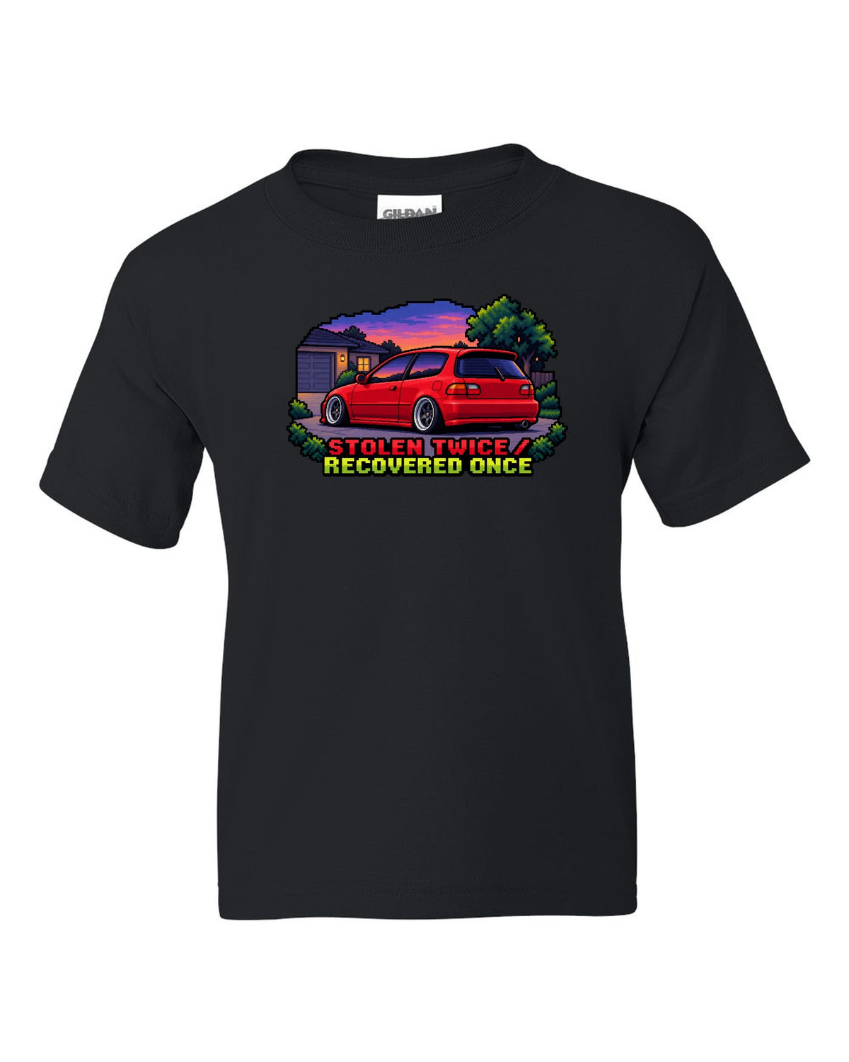 16-bit pixel art Honda Civic EG6 SiR print with stolen twice text black kids tee front view with the design