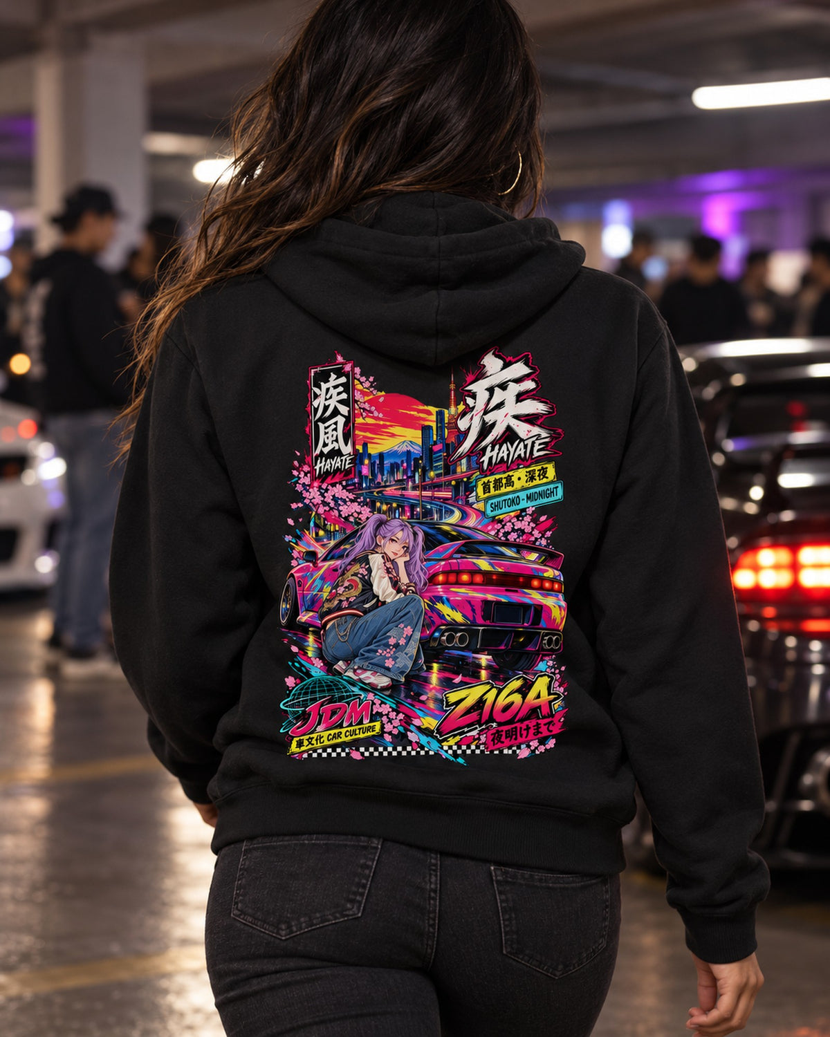 HAYATE Z16A Anime Girl Full-Back Graphic Tee Zip Hoodie Black worn hero