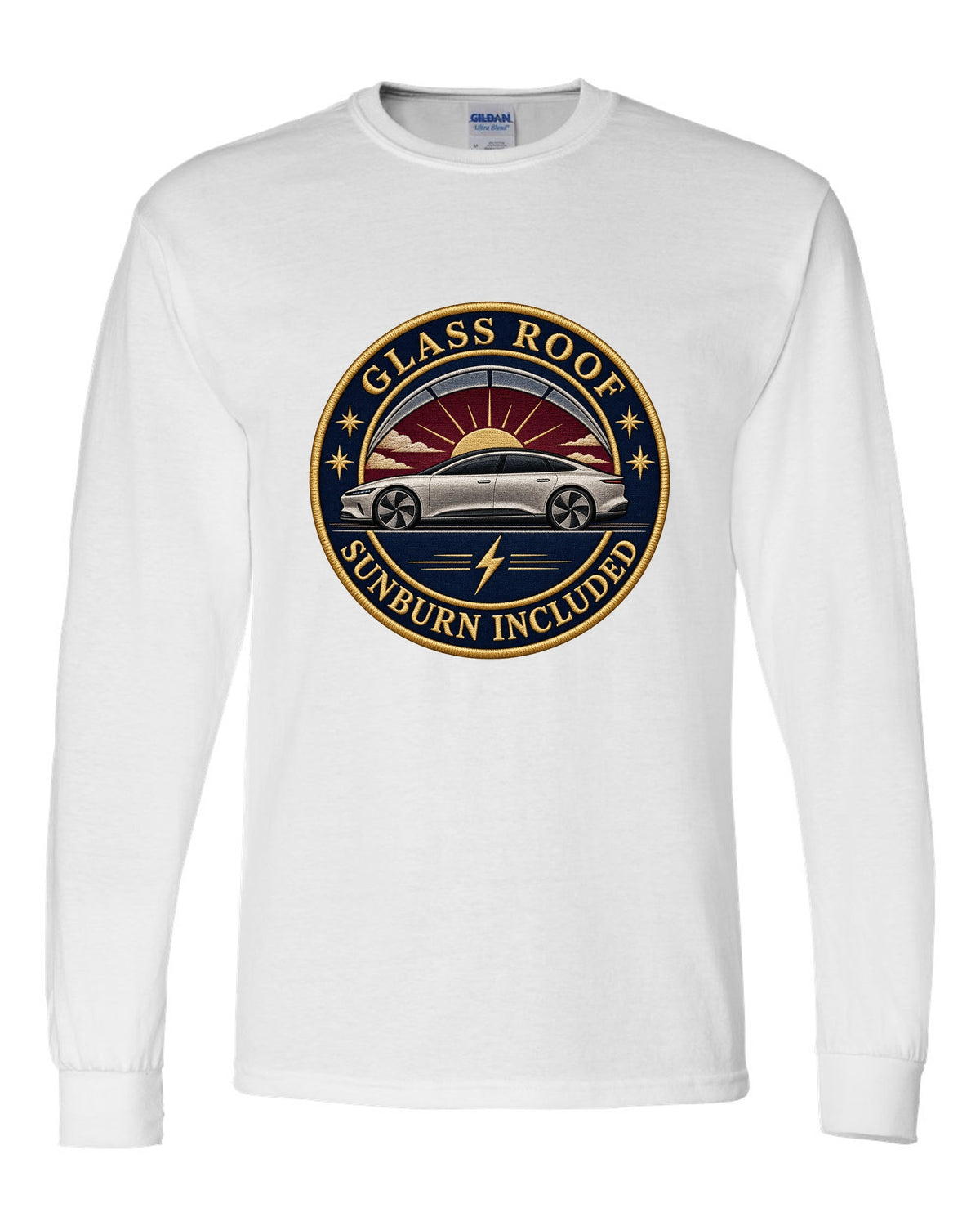 Lucid Air Sapphire round embroidery-style crest print with the text glass roof sunburn included white long sleeve front view with the design