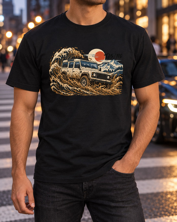 Land Rover Defender 110 Td5 Ukiyo-e Woodblock Wave Tee T-Shirt Black worn hero