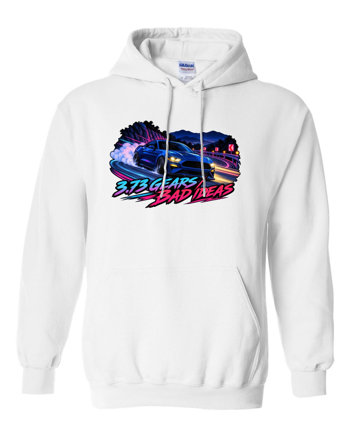 Cel-shaded anime night touge print of a 2015-2023 S550 Mustang fastback with 3.73 Gears text white pull over hoodie front view with the design