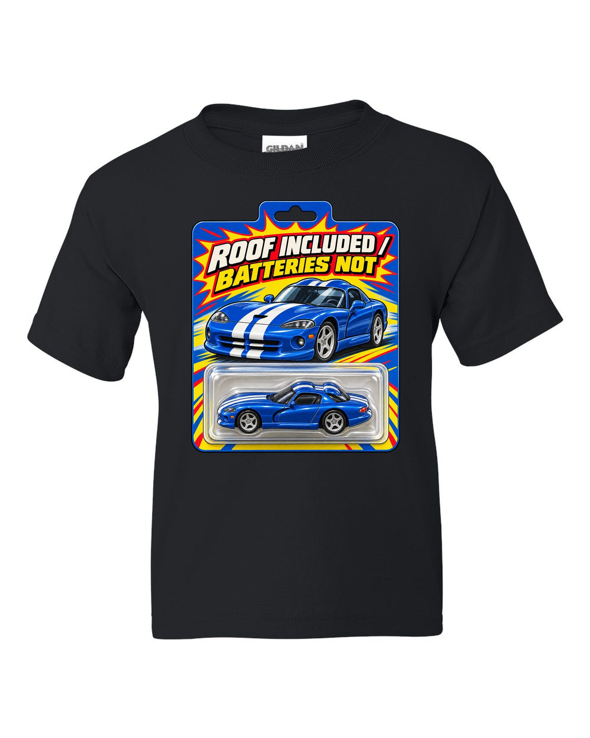 Toy blister-card layout featuring a 1996 Dodge Viper GTS SR II with roof included joke text black kids tee front view with the design