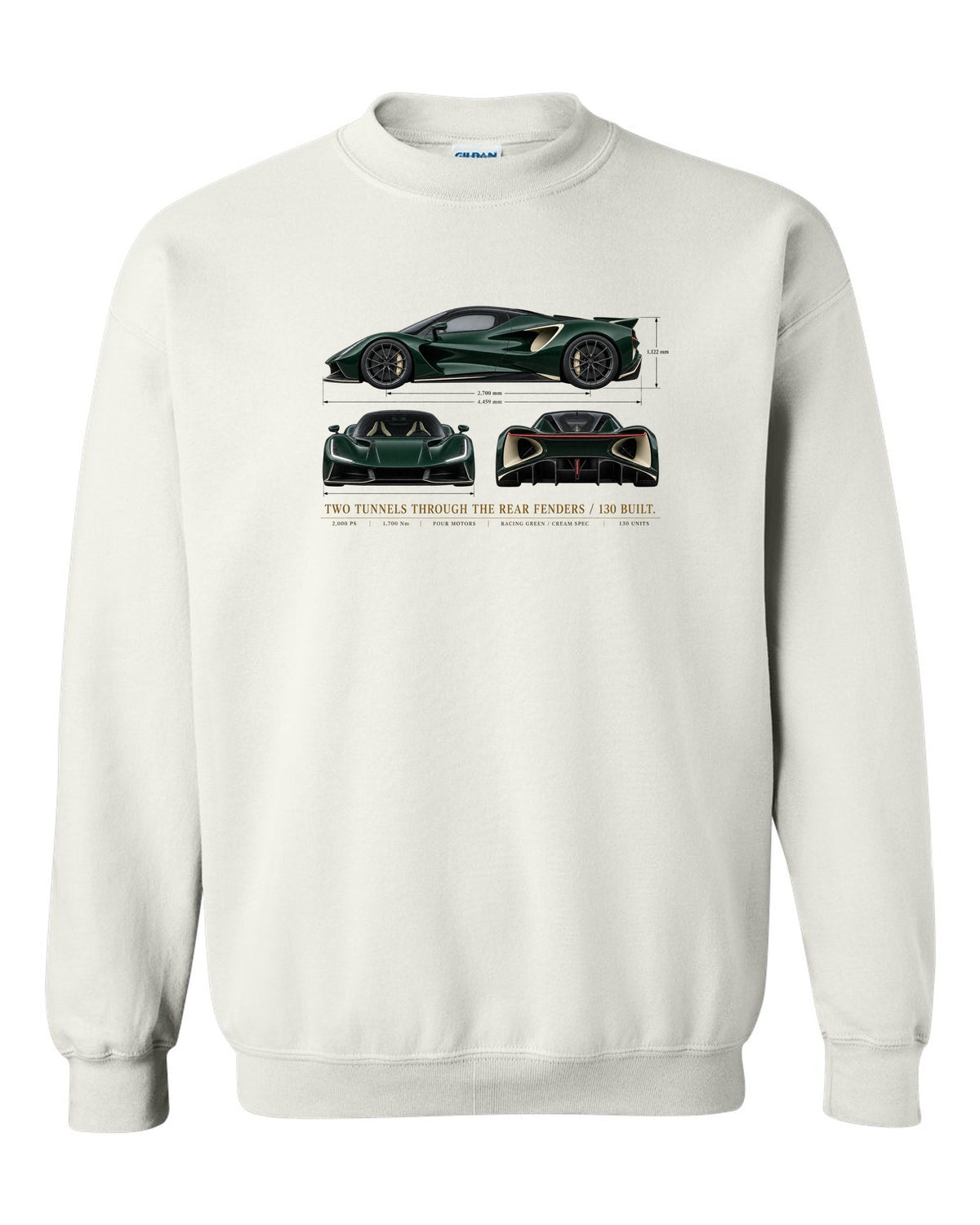 Lotus Evija three-view spec sheet print with two tunnels through the rear fenders and 130 built text white crewneck front view with the design