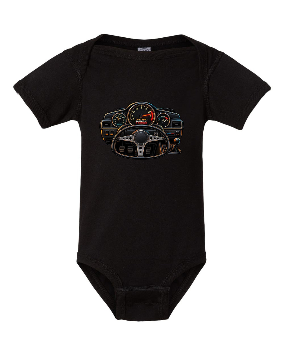 Linocut woodcut-style Toyota Corolla Levin AE86 with garage Saturday slogan black baby onesie front view with the design