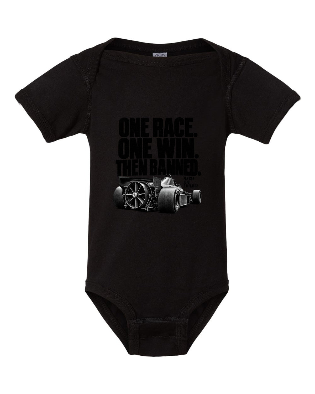 Brabham BT46B fan car halftone print with one race one win text black baby onesie front view with the design