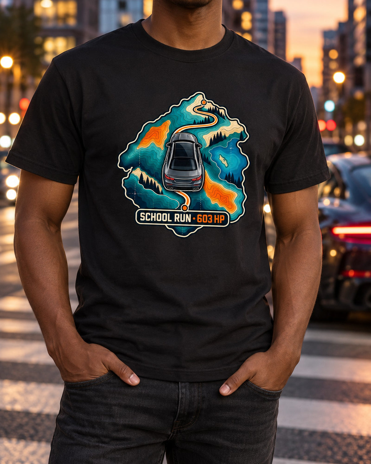 Mercedes E63 W213 School Run Topographic Route Map Tee T-Shirt Black worn hero