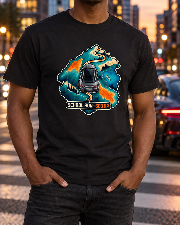 Mercedes E63 W213 School Run Topographic Route Map Tee T-Shirt Black worn hero