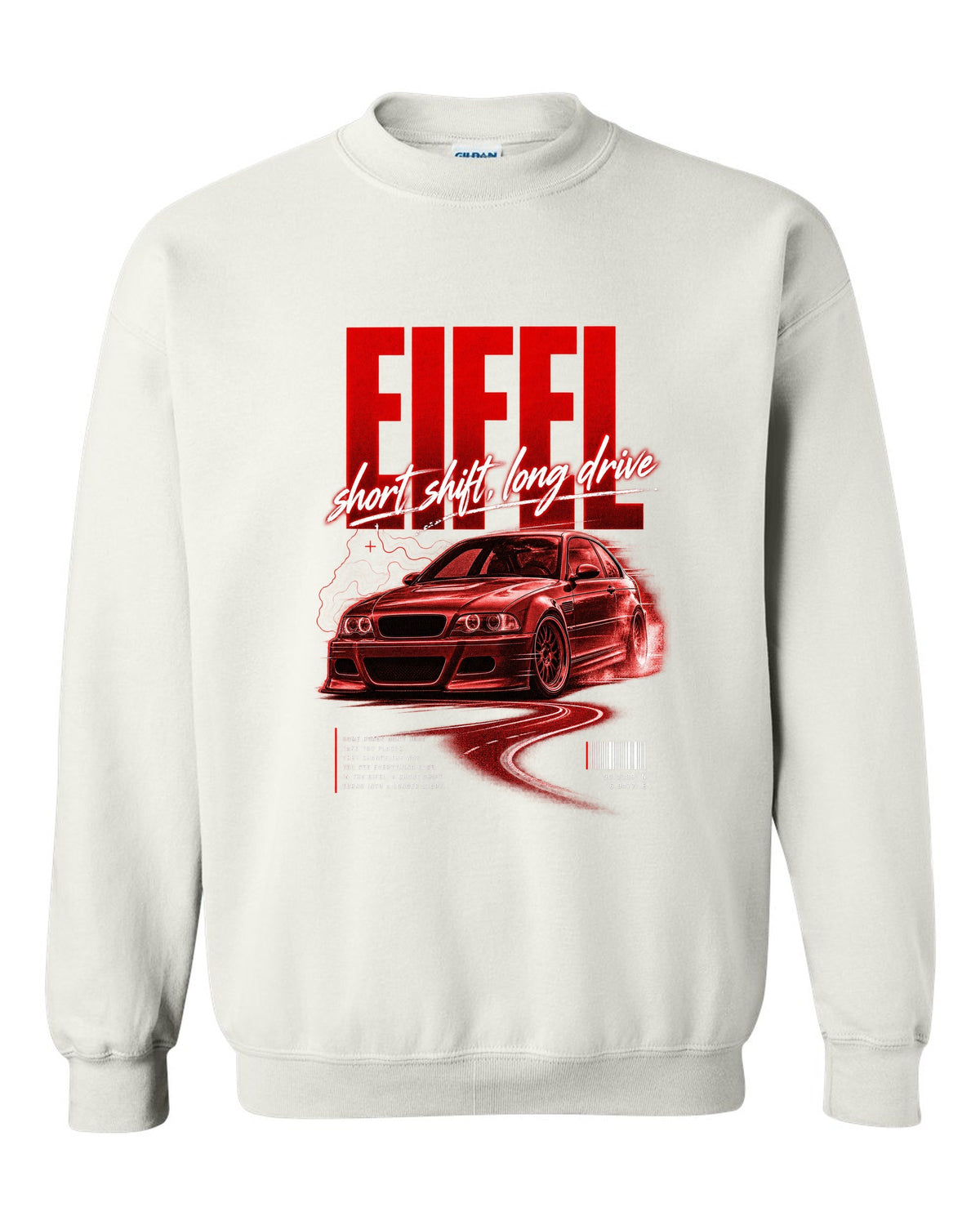 BMW E46 M3 coupe street poster print naming Eifel with short shift long drive text white crewneck front view with the design