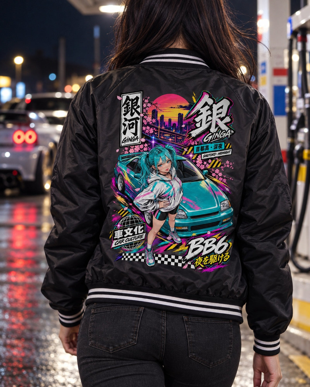 GINGA BB6 Anime Girl Full-Back Graphic Tee Bomber Jacket Black worn hero