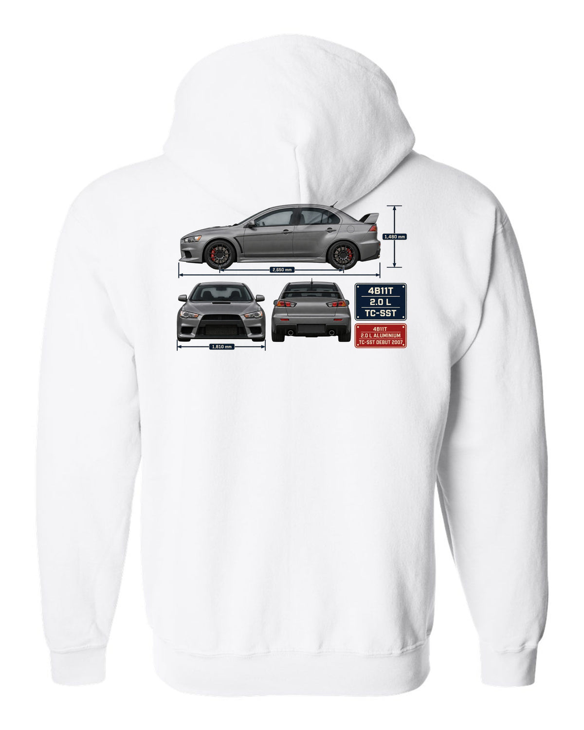 Evo X GSR Three-View Spec Table Tee, Mitsubishi Lancer white zip hoodie back view with the design