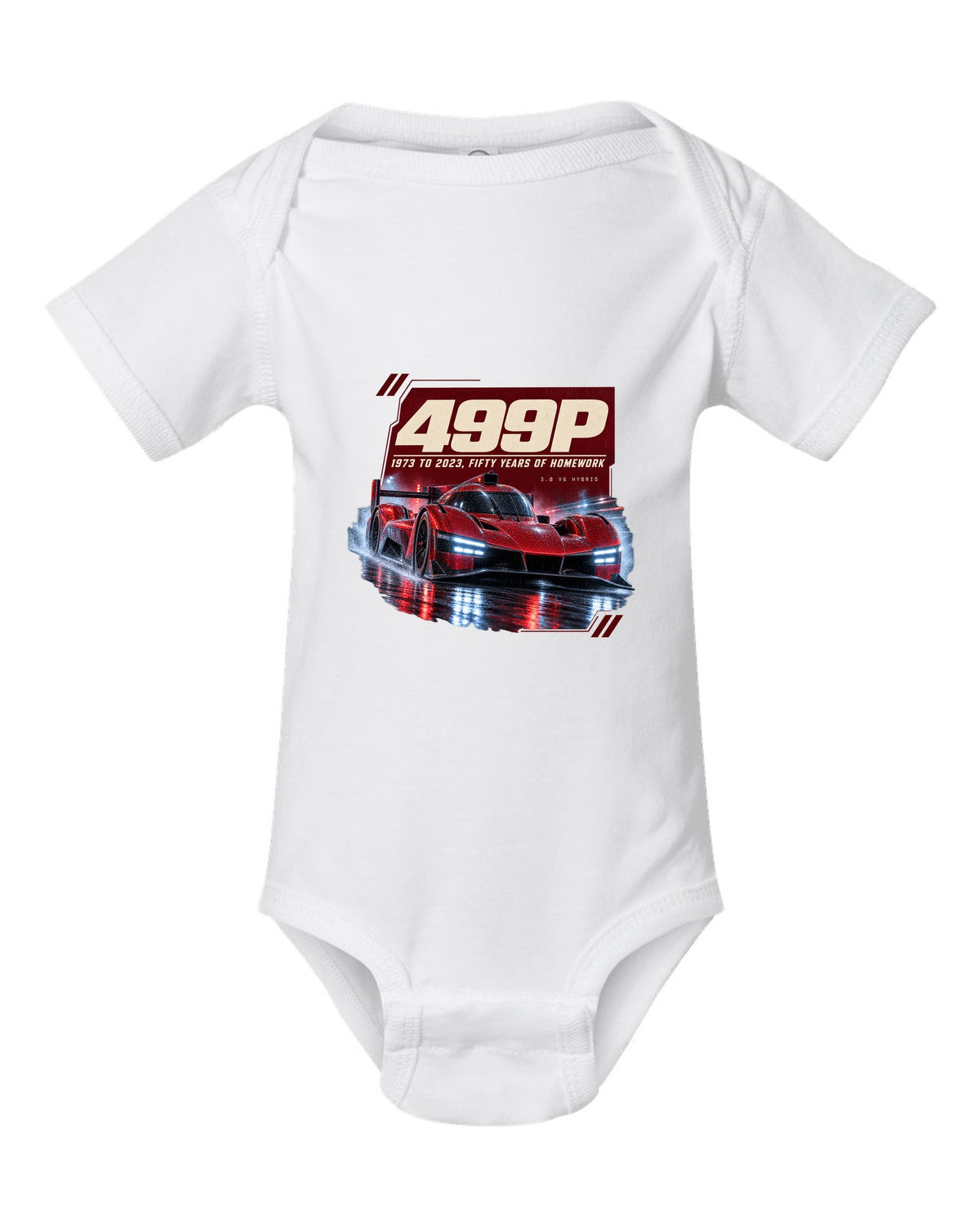 Ferrari 499P on a rainy night street print, 1973 to 2023 white baby onesie front view with the design