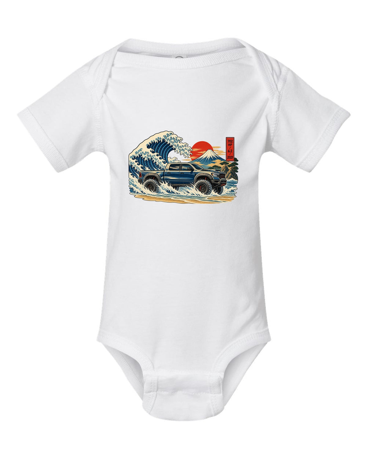 Ukiyo-e great wave woodblock print of a 2021-2024 Ram 1500 TRX with 702 HP 6.2 2021 text white baby onesie front view with the design