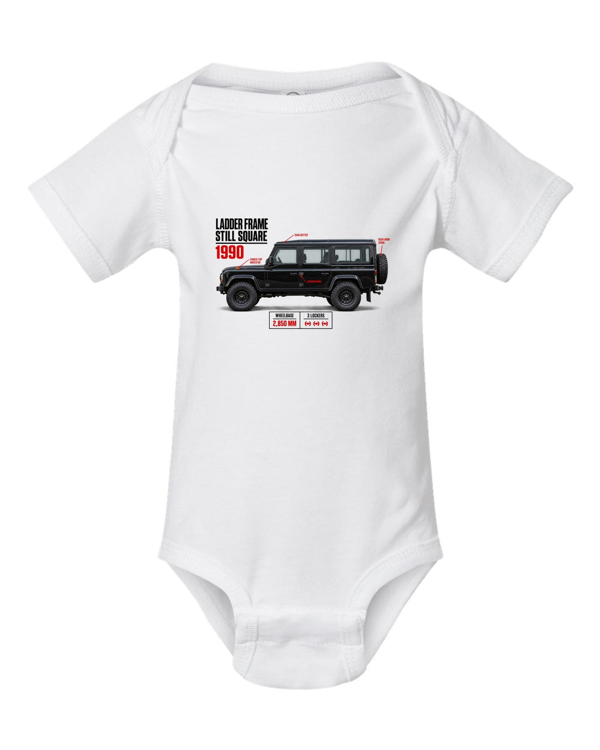 print spec poster of a Mercedes G-Class W463 with text ladder frame, 1990, still square white baby onesie front view with the design