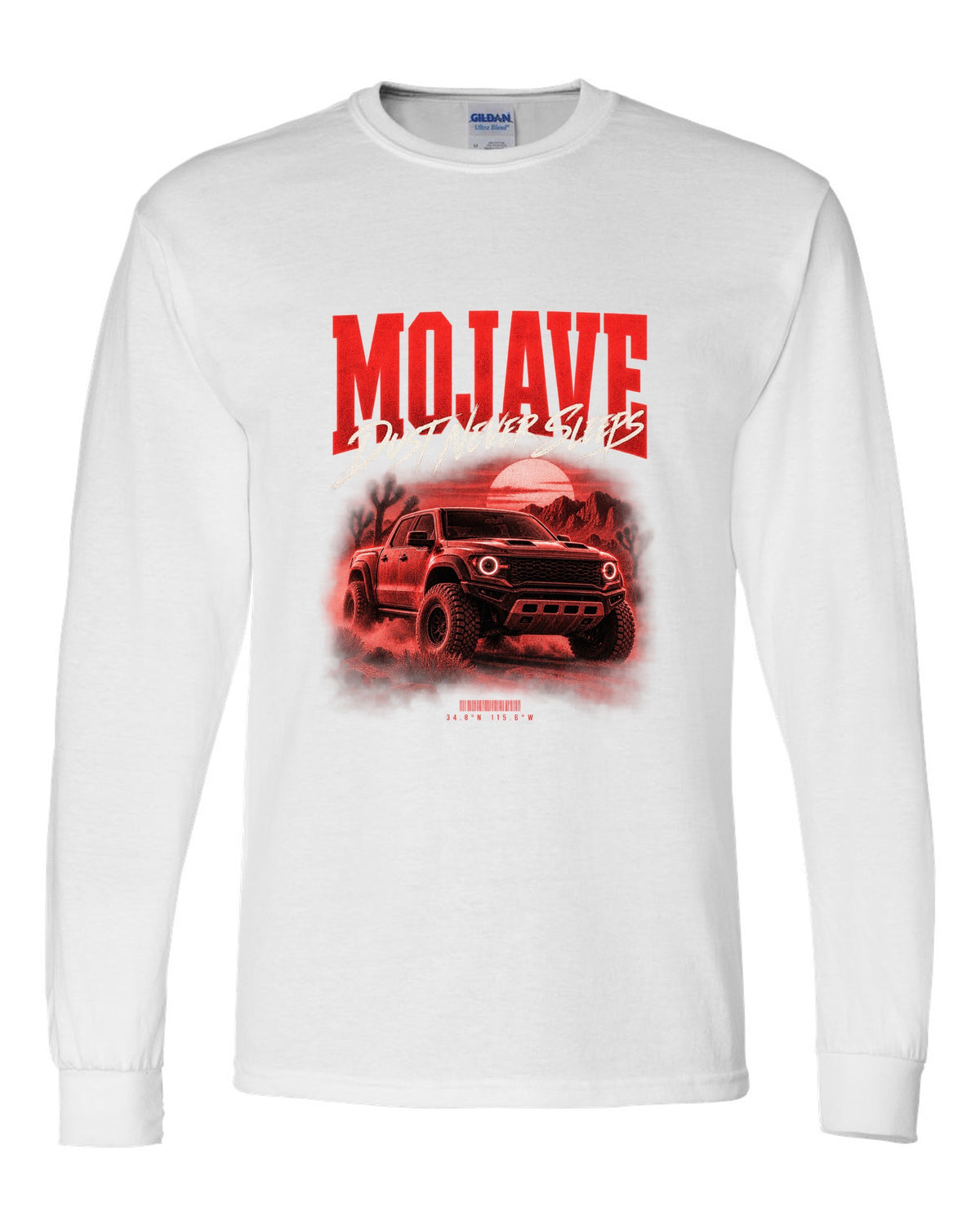 Jeep Gladiator JT Mojave street poster print with desert coordinates white long sleeve front view with the design