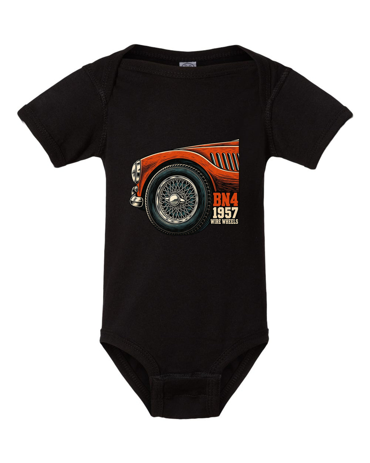 Linocut close-up of a wire wheel on a 1957 Austin-Healey 100-Six BN4 black baby onesie front view with the design