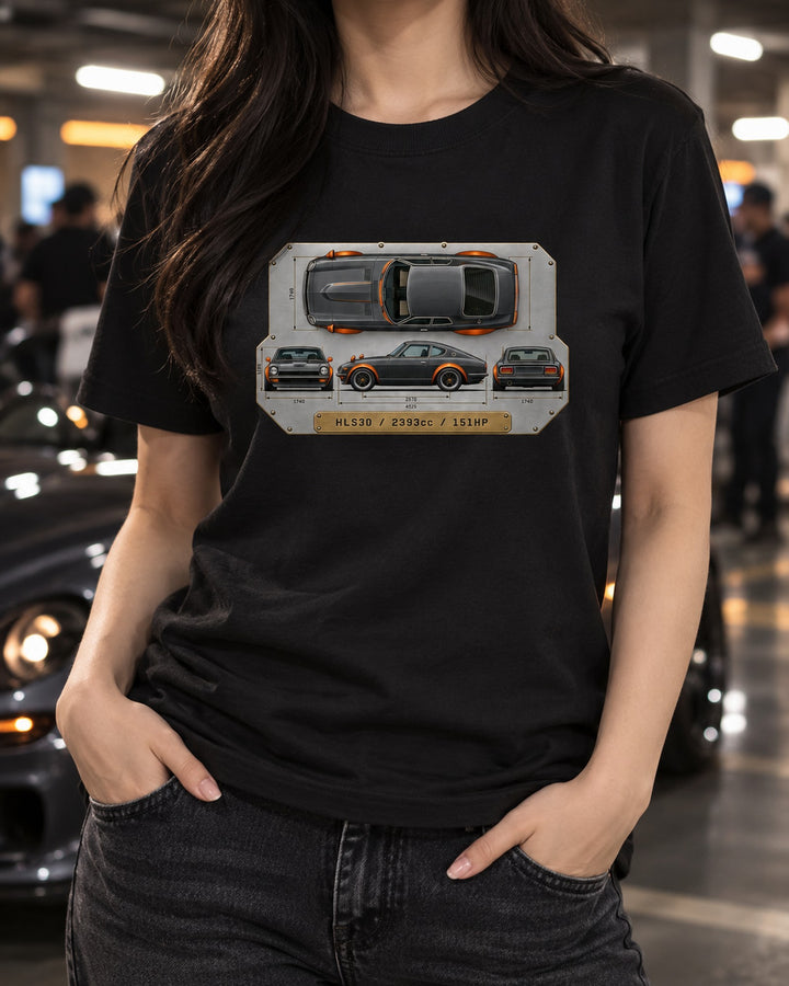 Datsun 240Z HLS30 Top-Down Spec Plate Tee, 2393cc 151HP T-Shirt Black worn hero