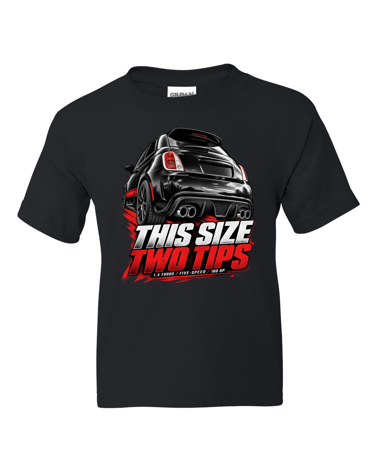 Low rear crop of a US Fiat 500 Abarth exhaust and diffuser on a print black kids tee front view with the design
