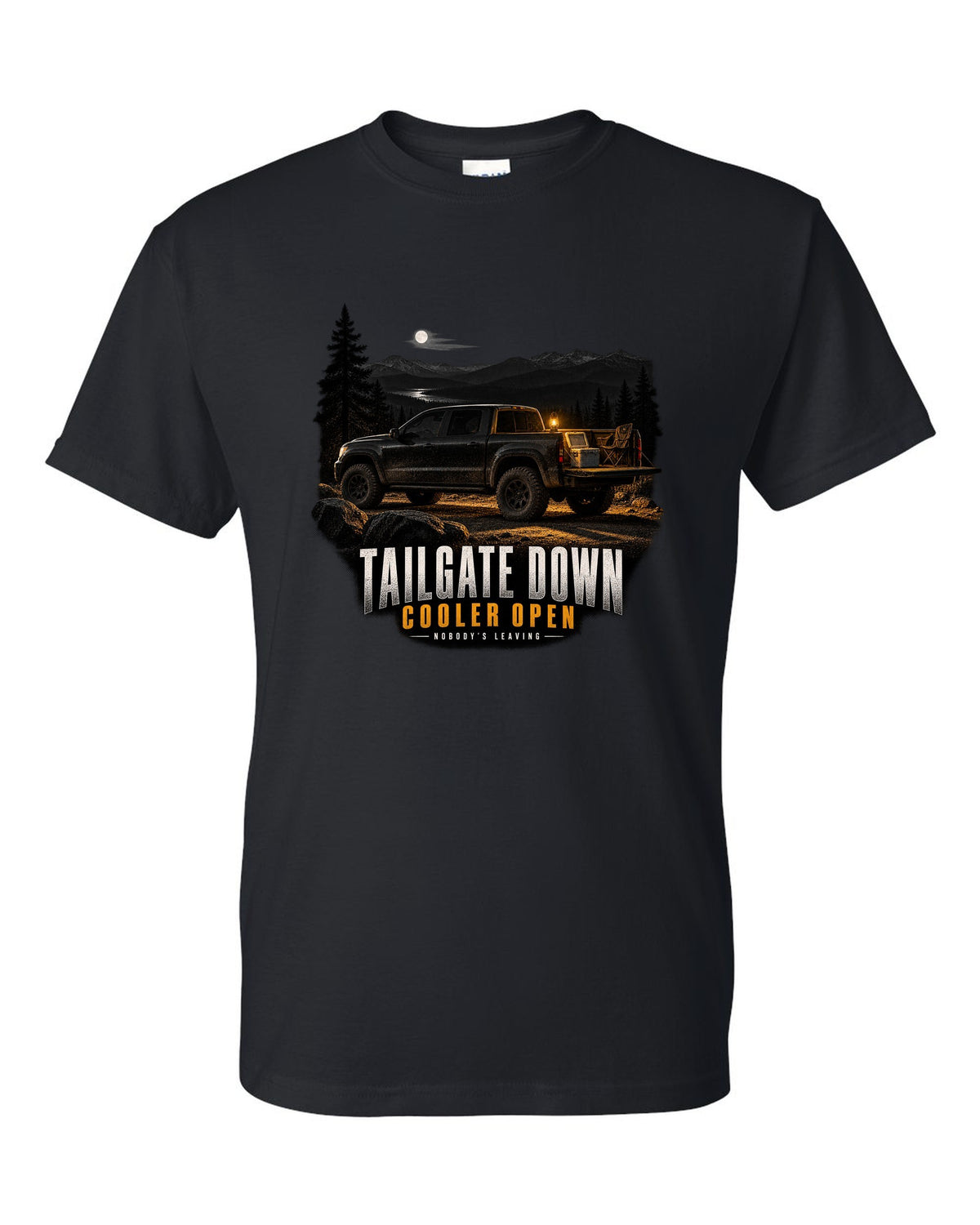 Jeep Gladiator JT with tailgate down in a night garage print black t-shirt front view with the design