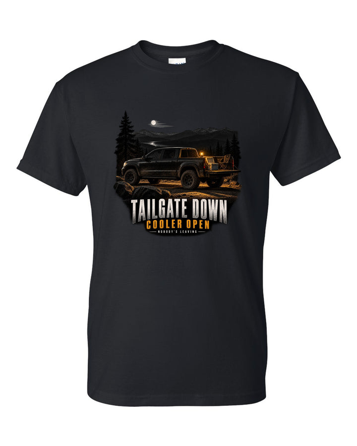 Jeep Gladiator JT with tailgate down in a night garage print black t-shirt front view with the design