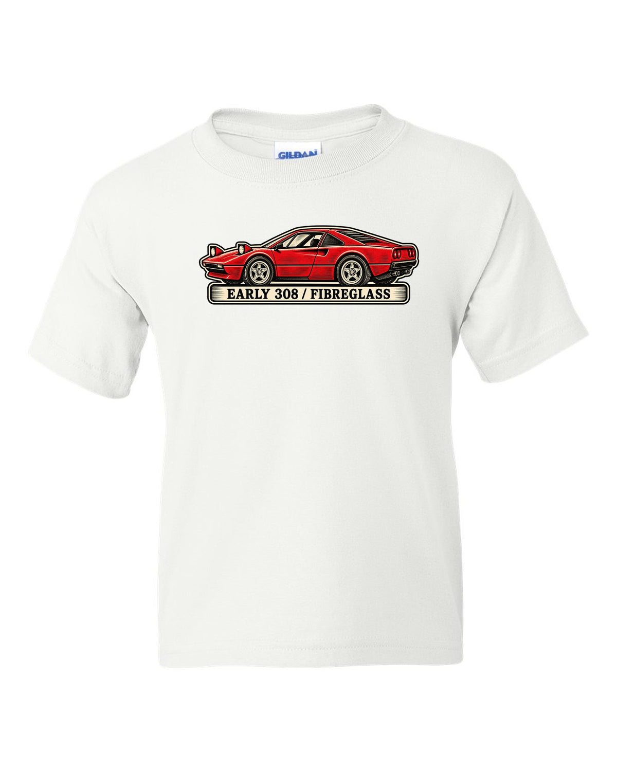 Linocut woodcut style print of an early 1975 Ferrari 308 GTB with the text early 308 fibreglass white kids tee front view with the design