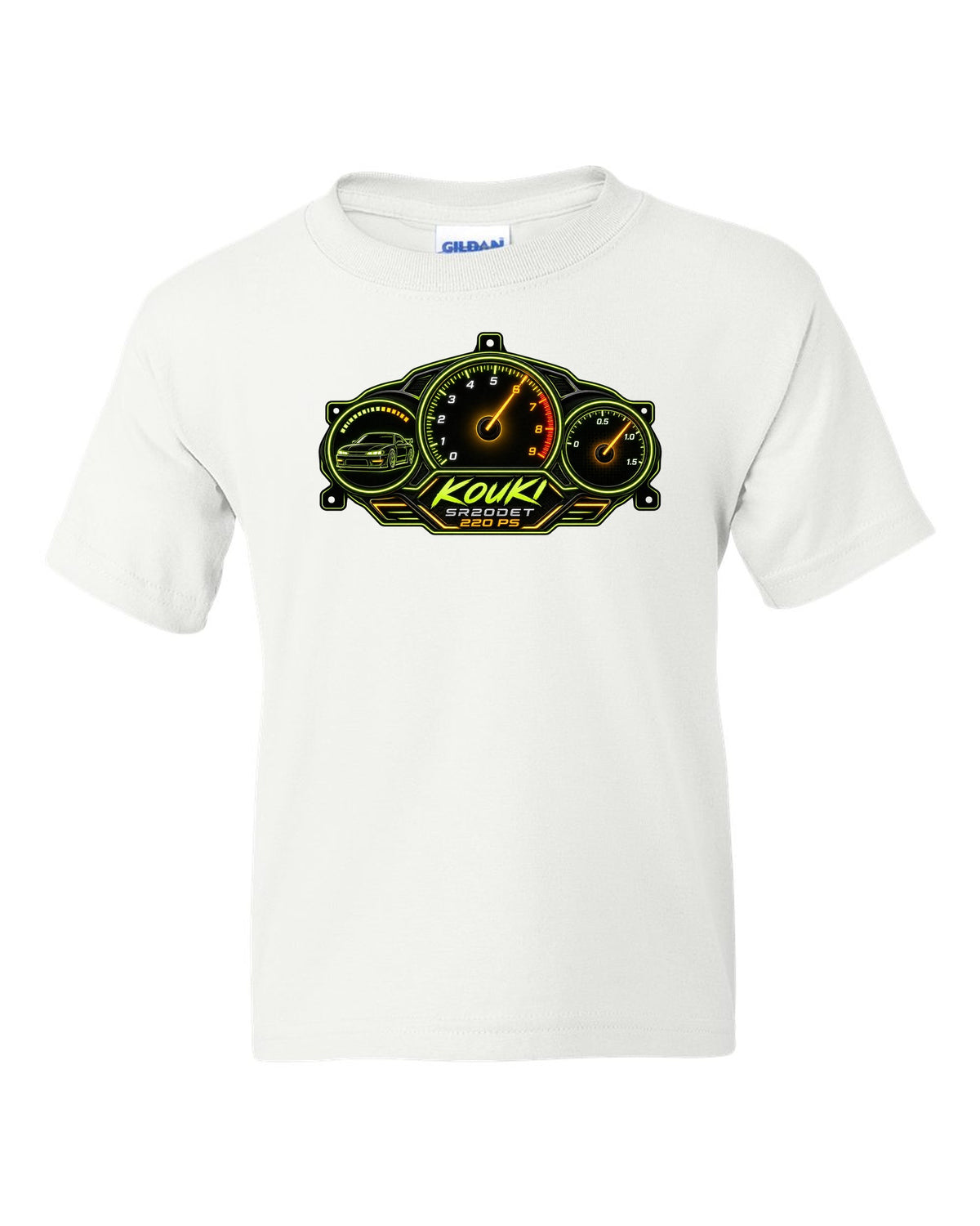 Gauge cluster dashboard print for a Nissan Silvia S14 kouki with SR20DET text white kids tee front view with the design