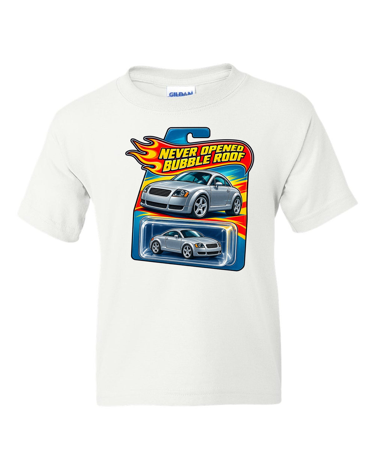 Toy blister card style print of an Audi TT 8N with Never Opened text white kids tee front view with the design