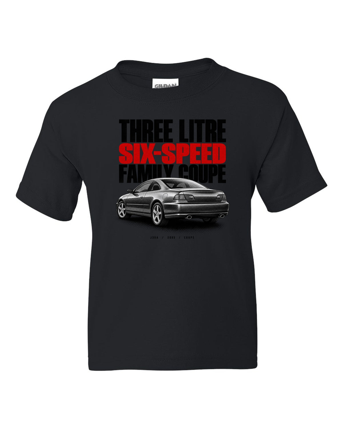 Halftone print for the 2005 Honda Accord V6 coupe reading three litre, six-speed, family coupe black kids tee front view with the design