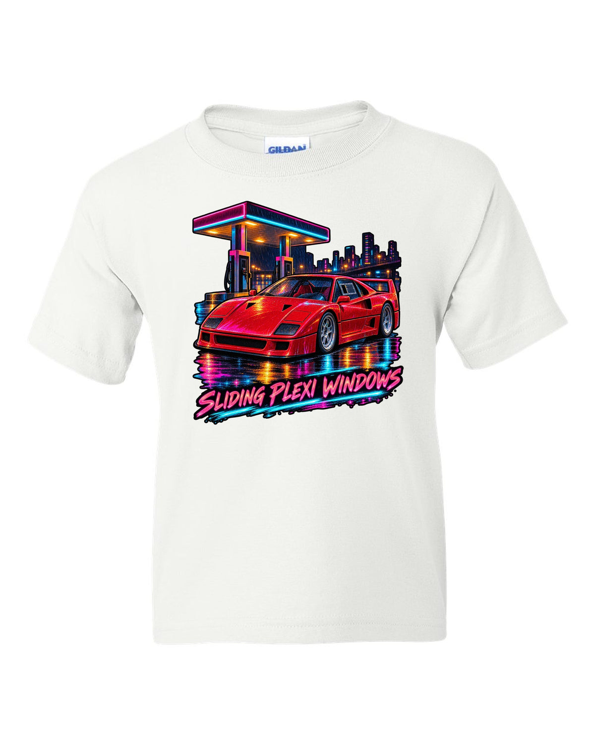 Neon night-city gouache print of a 1987 Ferrari F40 F120 with sliding plexi windows text white kids tee front view with the design