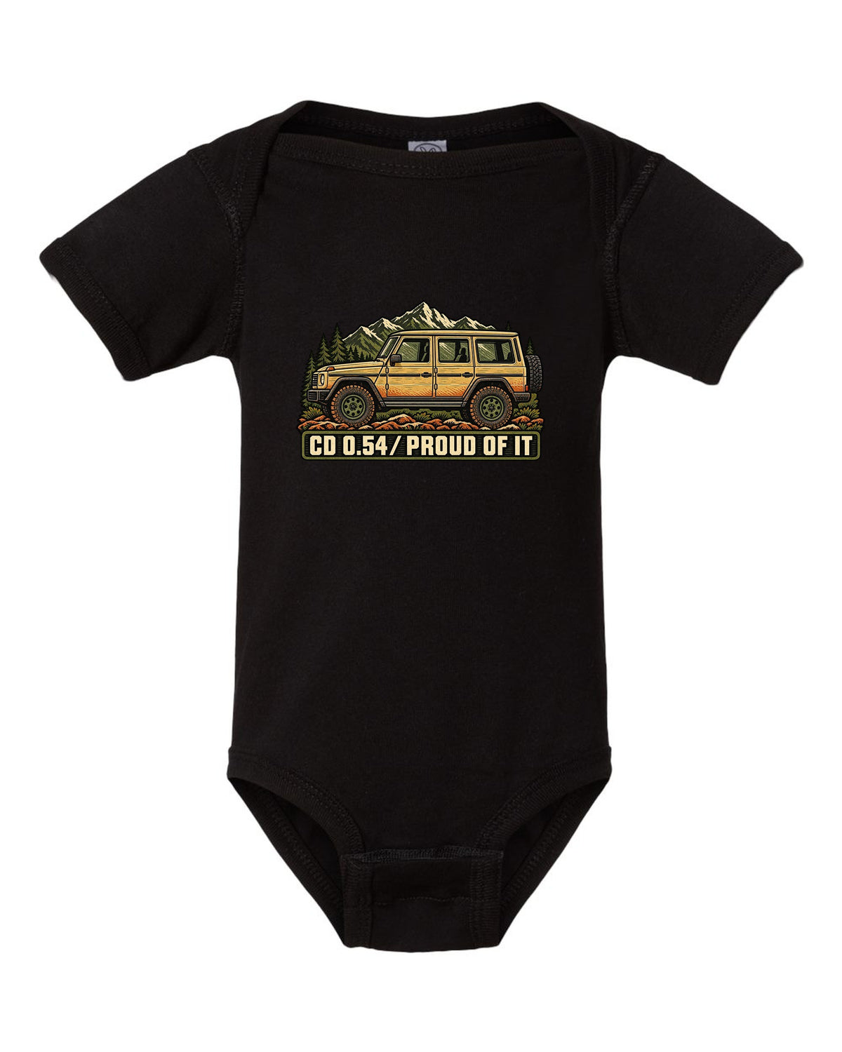 Mercedes G-Class W463 Dust and Hinges Linocut Profile black baby onesie front view with the design