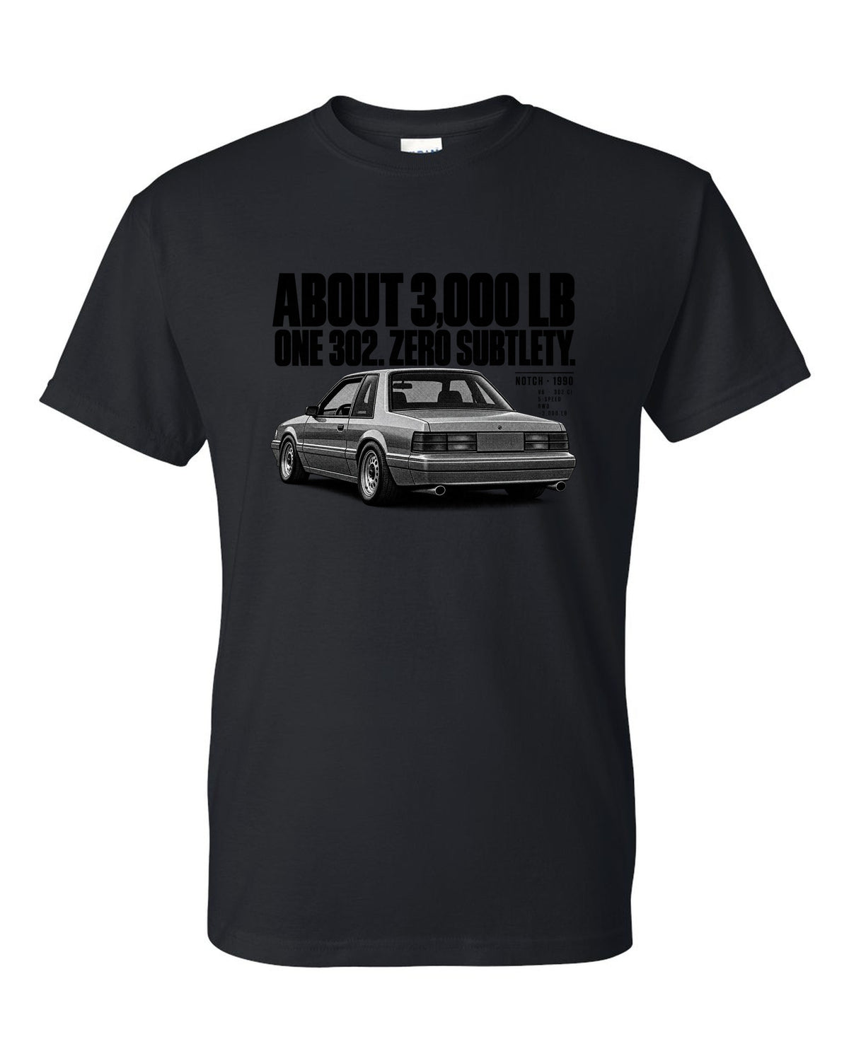 Halftone print of a 1990 Ford Mustang Fox Body LX notchback with spec lines black t-shirt front view with the design