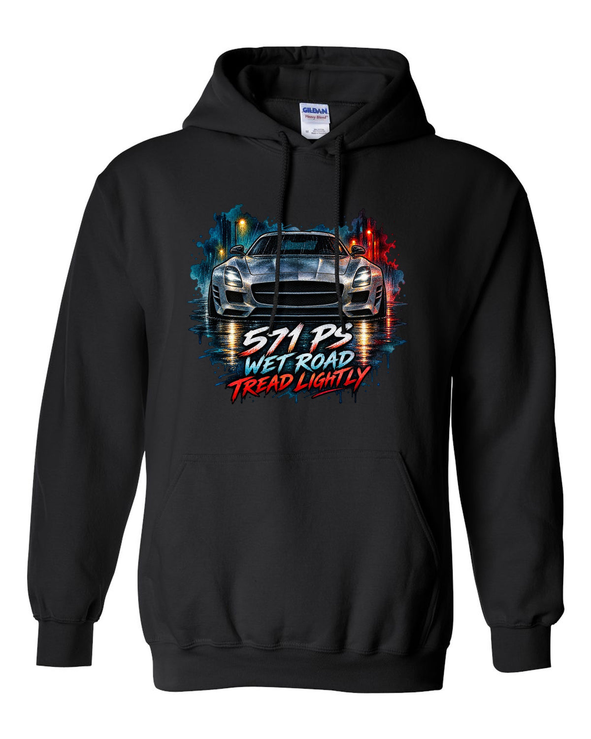 Watercolour illustration of a Mercedes SLS AMG C197 on a wet night road with 571 PS text black pull over hoodie front view with the design