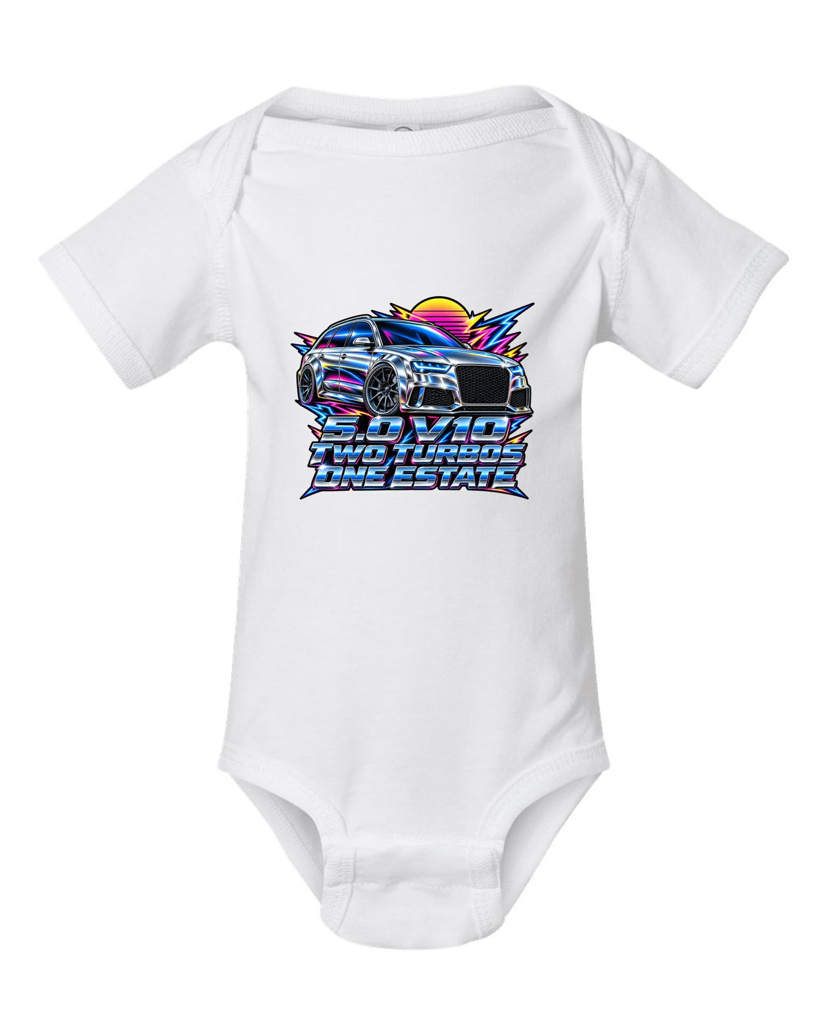 80s airbrush chrome design of the Audi RS6 Avant C6 4F with 5.0 V10 two turbos one estate lettering white baby onesie front view with the design
