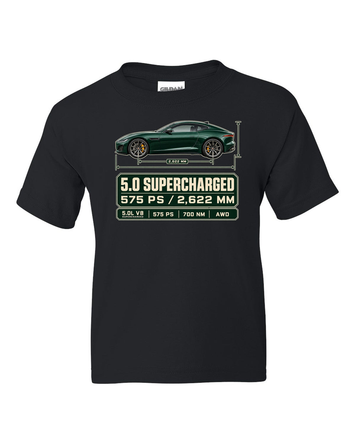 Spec poster print of the Jaguar F-Type R Coupe with 5.0 supercharged and 575 PS text black kids tee front view with the design