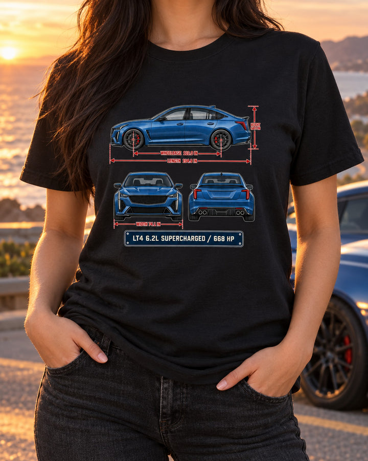 Cadillac CT5-V Blackwing Dimension Blueprint Shirt, 2022-25 T-Shirt Black worn hero
