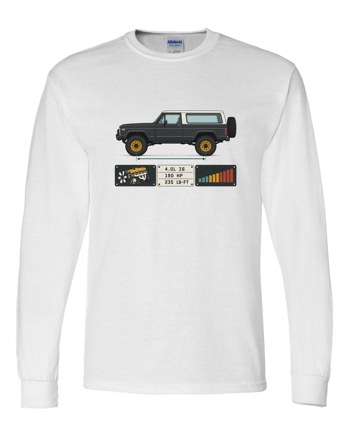 Jeep Wrangler LJ Unlimited spec sheet data plate design with 4.0L I6 190 HP 235 lb-ft white long sleeve front view with the design