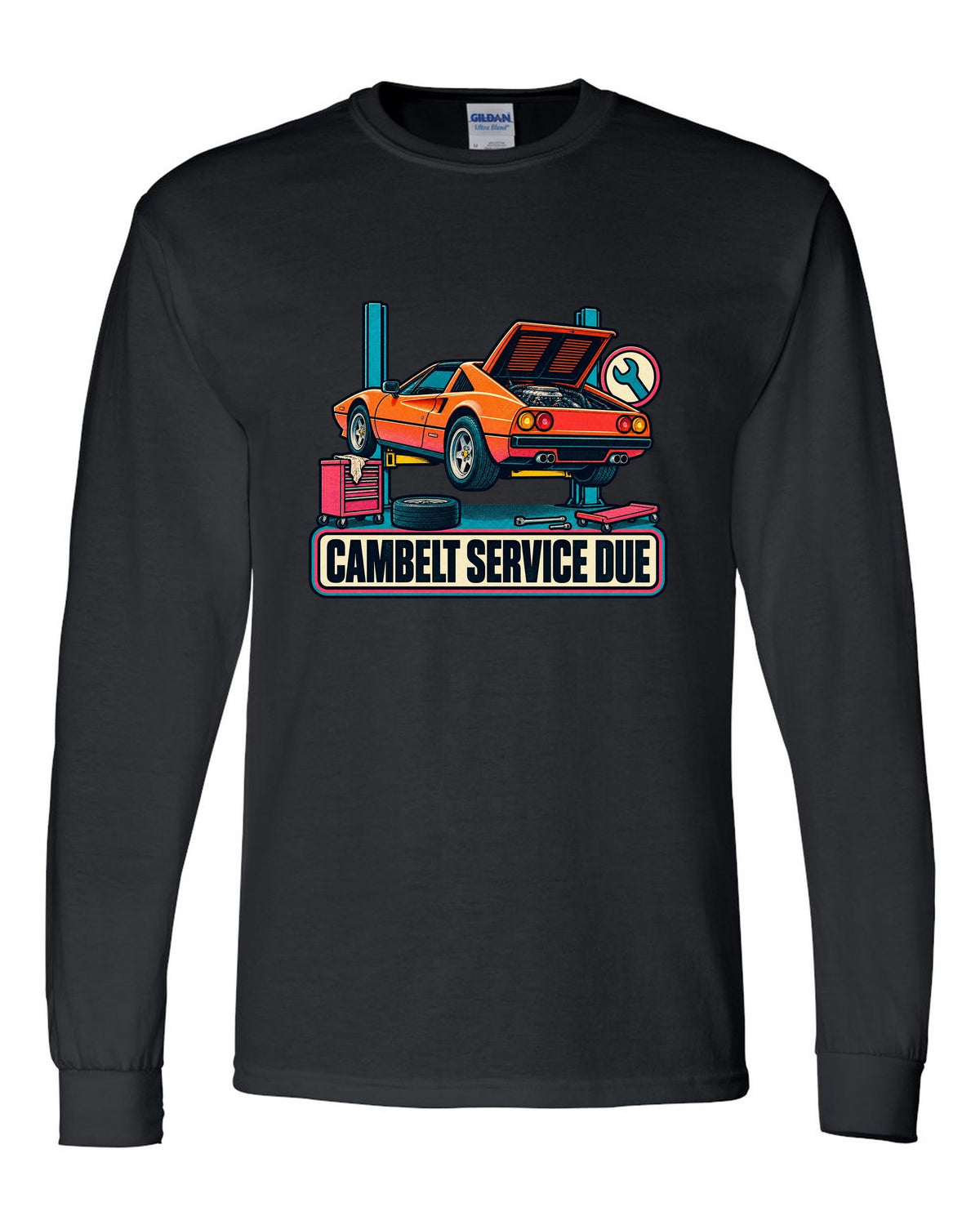 Risograph two-colour halftone print of a Ferrari 308 GTS with the text cambelt service due black long sleeve front view with the design