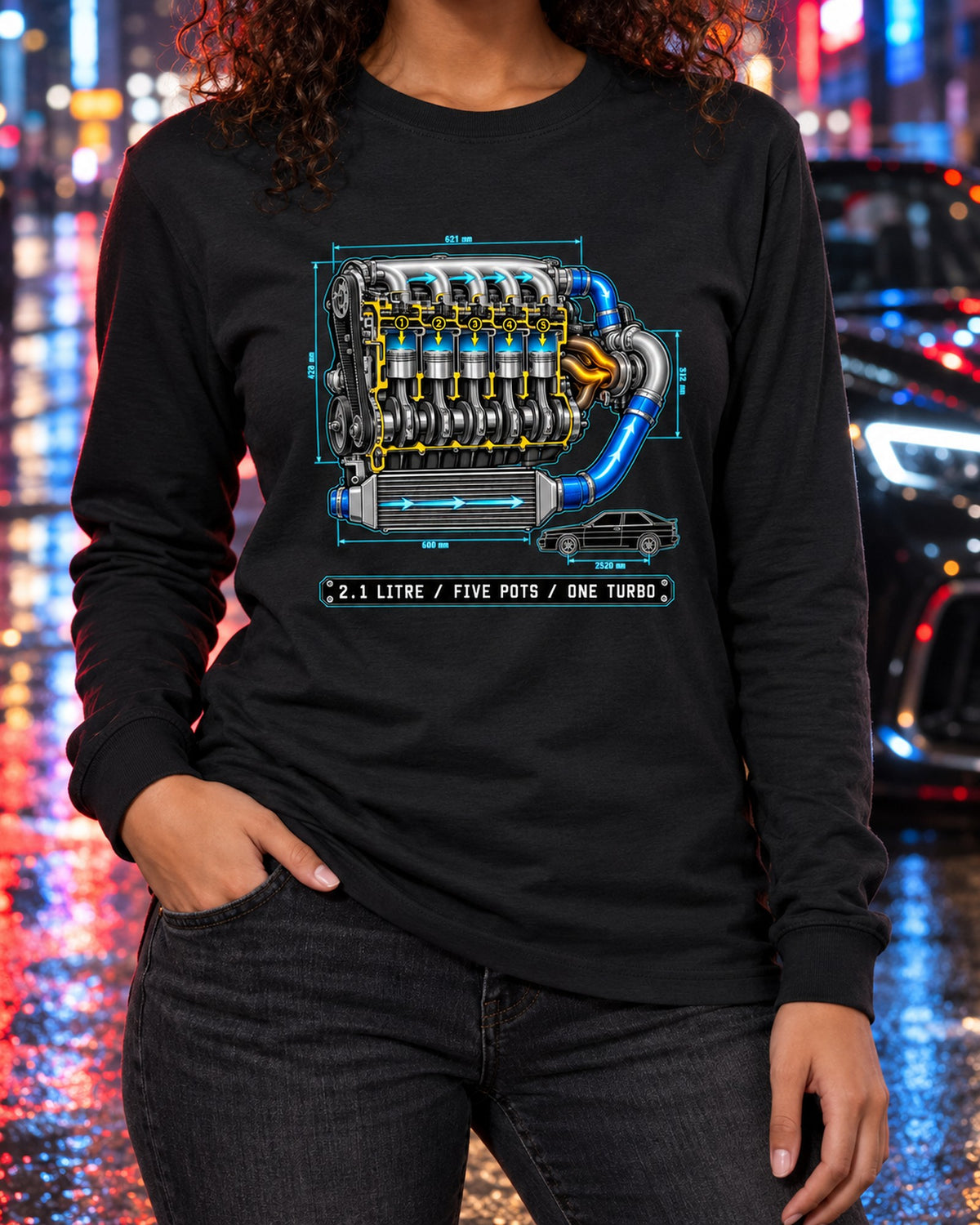 Audi Ur-Quattro Type 85 Five-Pot Technical Blueprint Shirt Long Sleeve Black worn hero