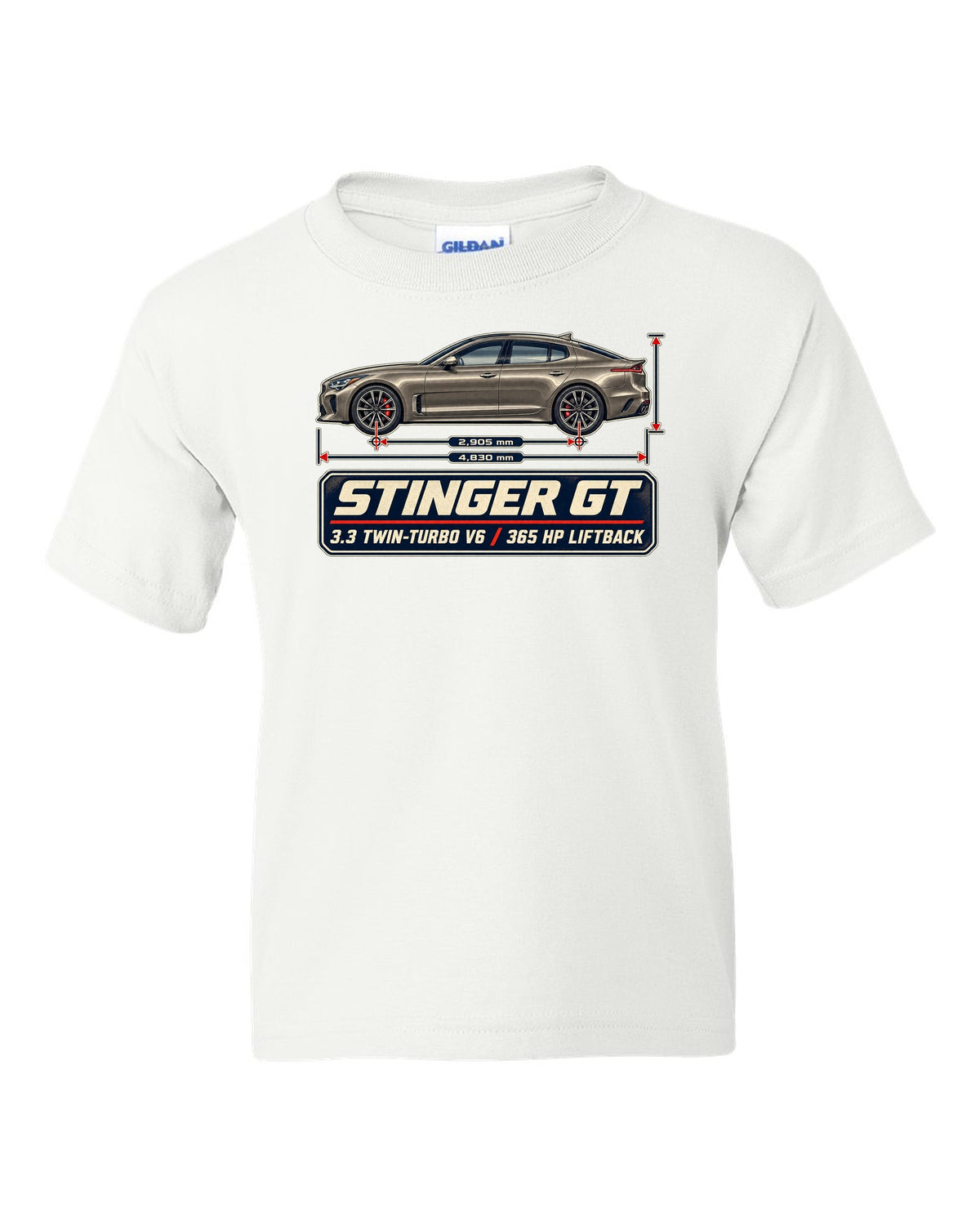 Kia Stinger GT dimension blueprint print on a shirt white kids tee front view with the design