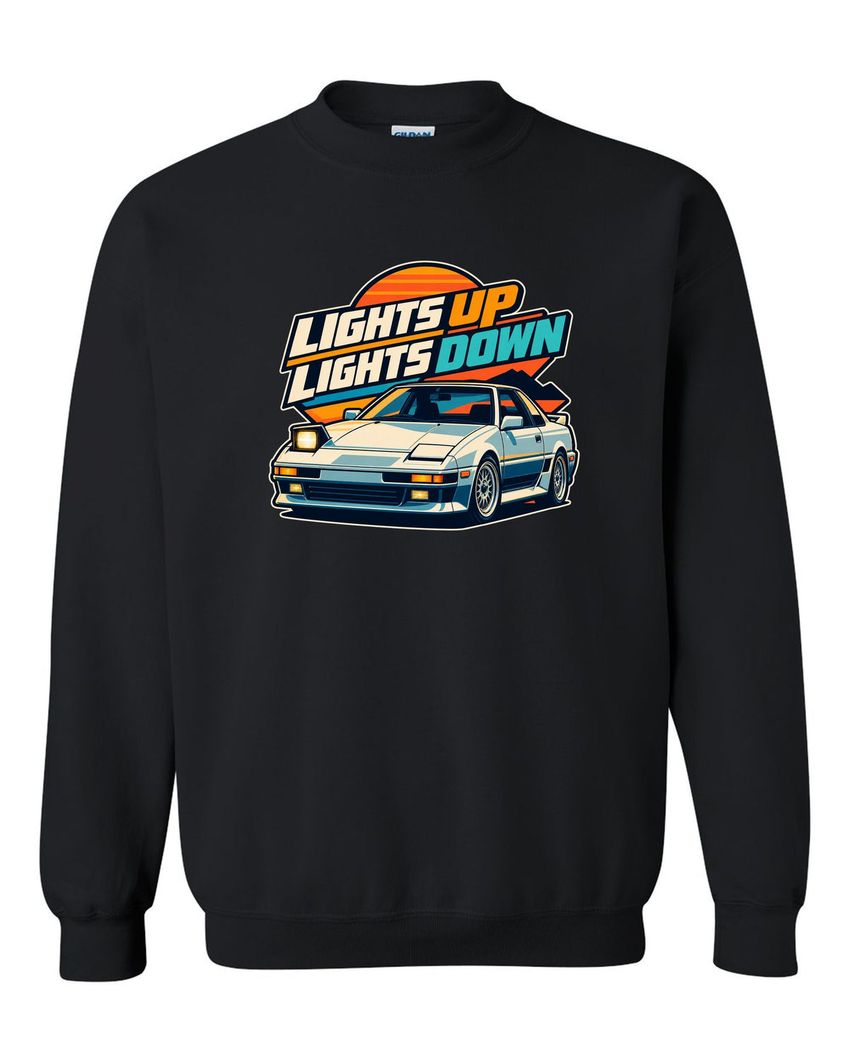 Pixel art of a Toyota AE86 Sprinter Trueno with pop-up headlights raised black crewneck front view with the design