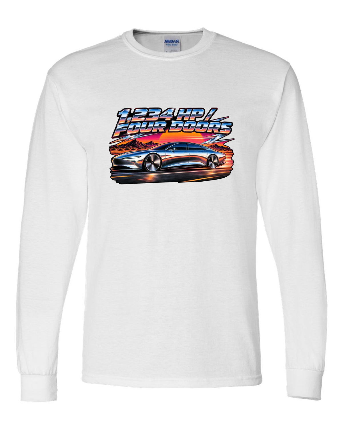 Lucid Air Sapphire 80s airbrush chrome poster print with the text 1,234 hp four doors white long sleeve front view with the design