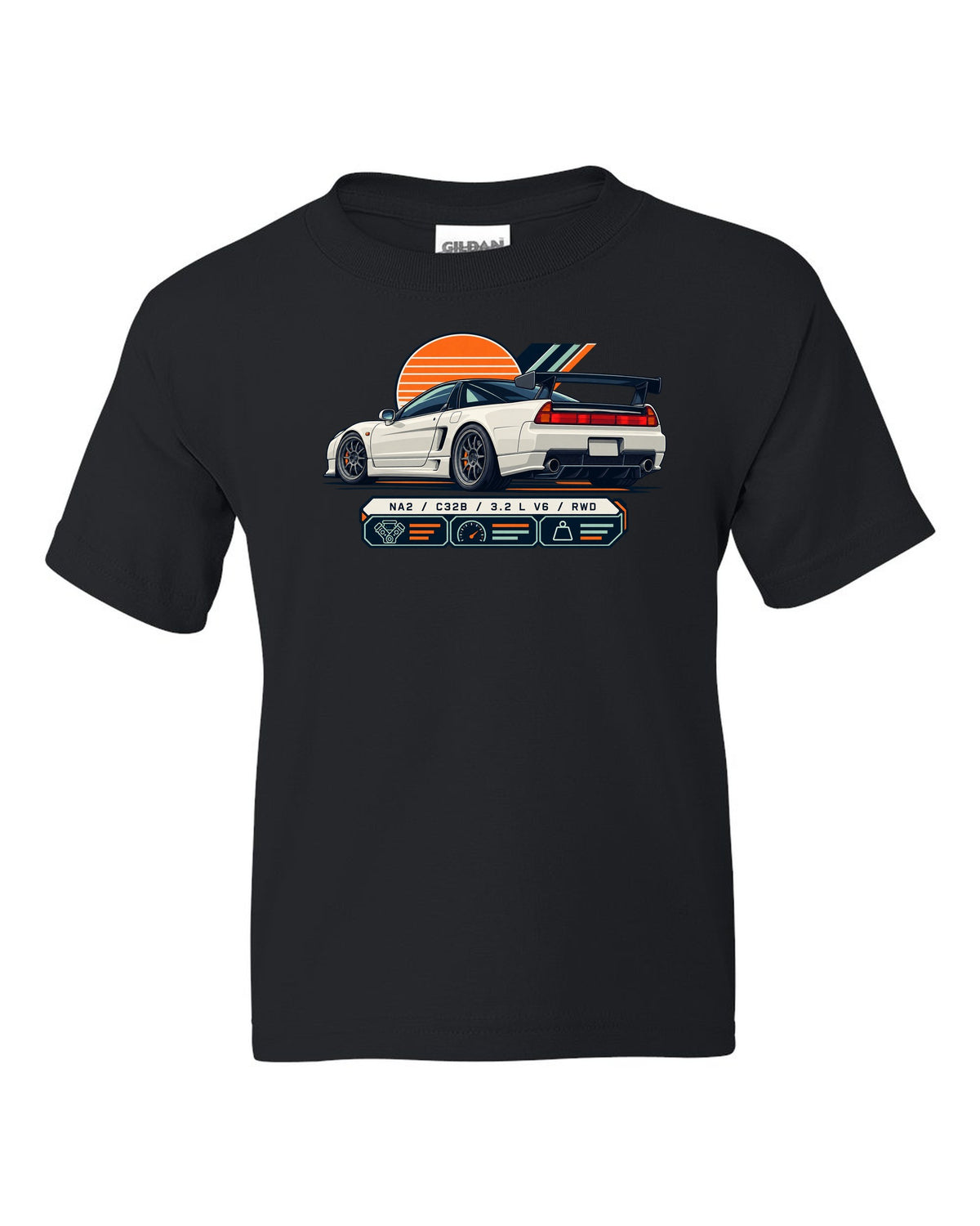 Spec-sheet data plate print of the Honda NSX-R NA2 with NA2 C32B 3.2 L V6 RWD text black kids tee front view with the design