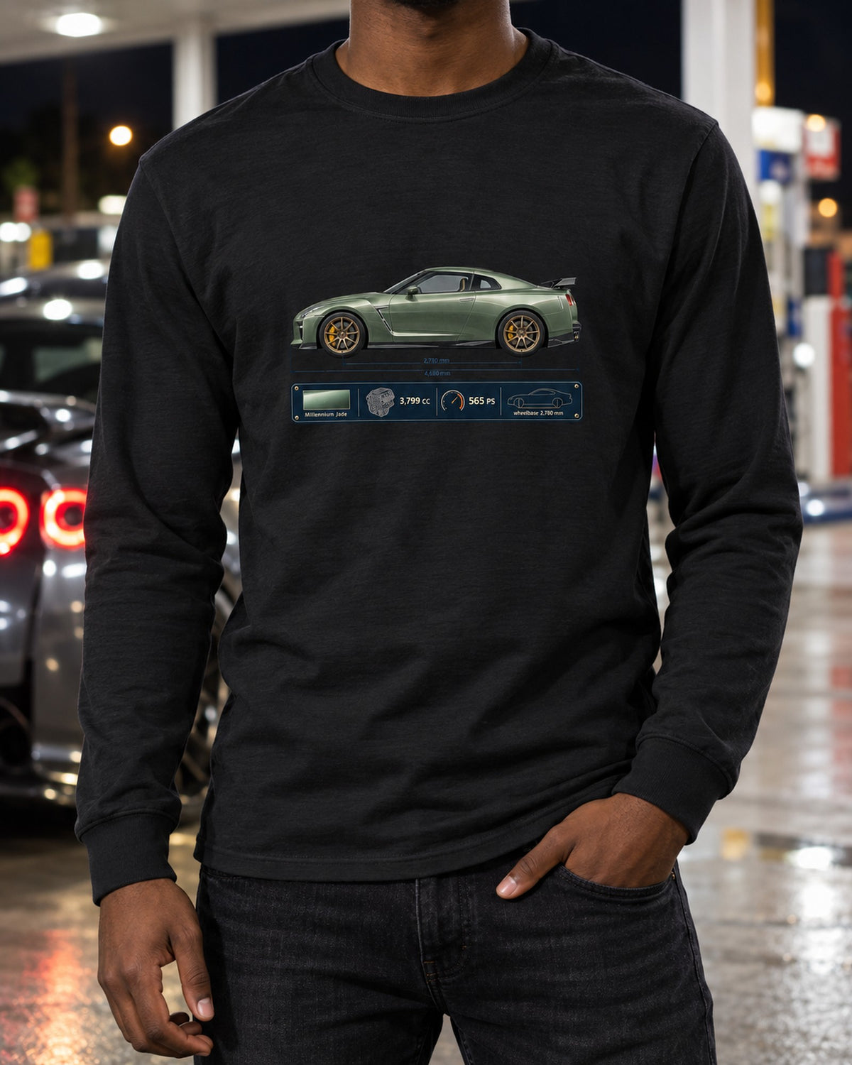 Nissan GT-R R35 T-spec Blueprint Shirt, 2024 Car Guy Tee Long Sleeve Black worn hero