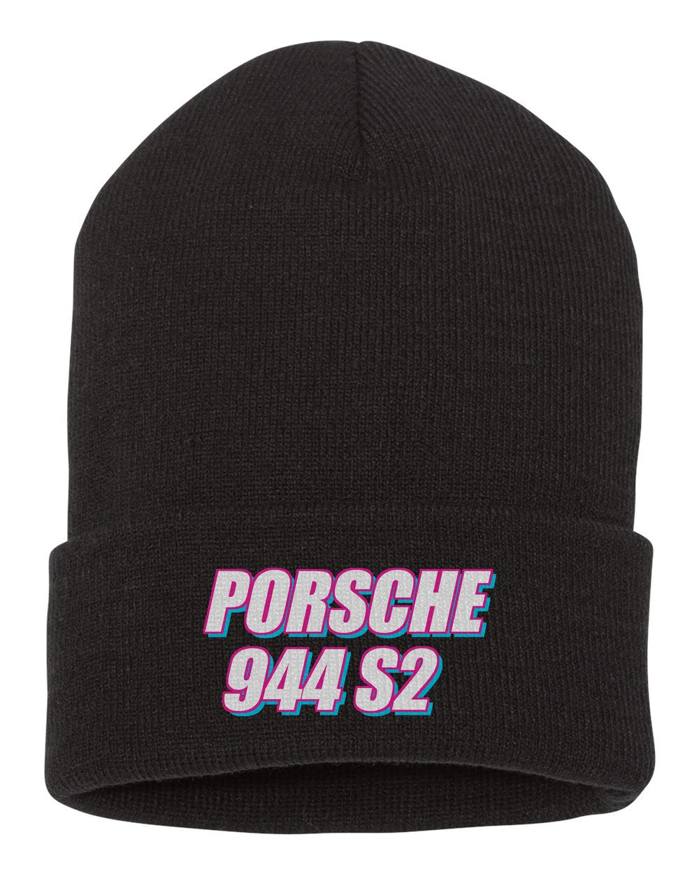 Porsche 944 S2 black beanie front view with car name